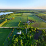 Aerial view of farmland with rectangular green fields, a winding river, and tree clusters under a clear sky.