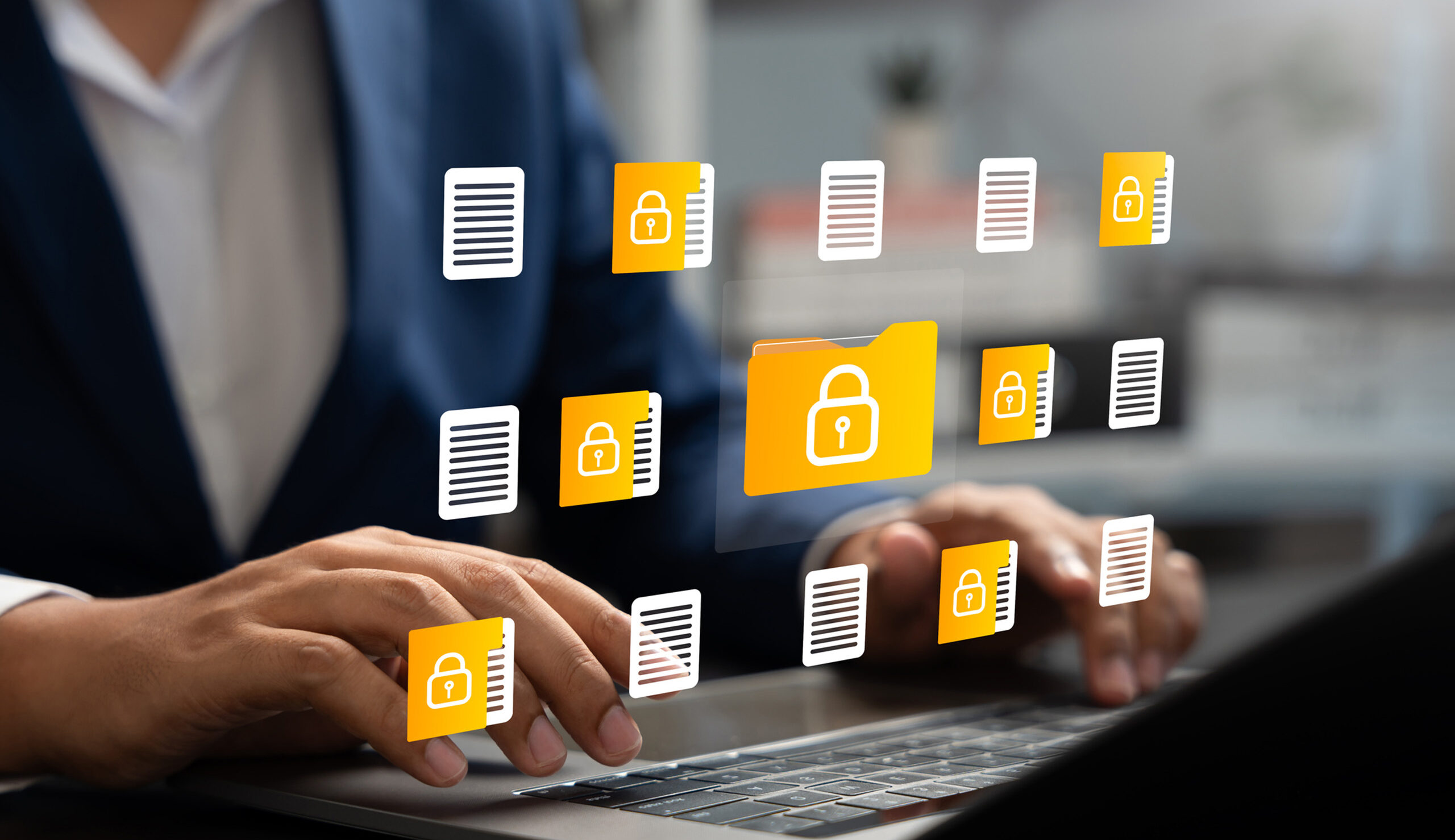 Hands typing on a laptop with floating yellow-and-white security document icons around the keyboard.