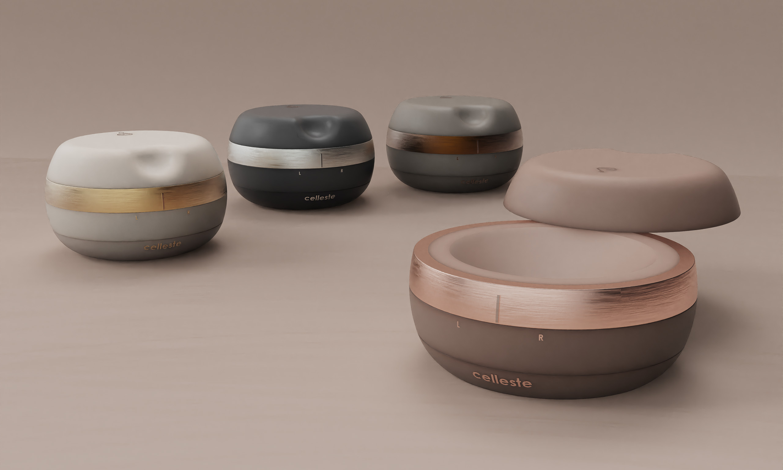 Row of four rounded, pill-shaped devices with metallic bands and 'celleste' branding on a soft beige studio background.