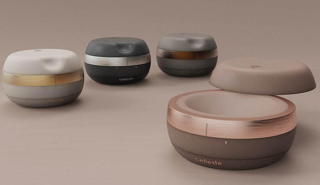 Set of four round cosmetic compacts with copper bands on a neutral background, previewing a product line by Celleste (foreground close-up).
