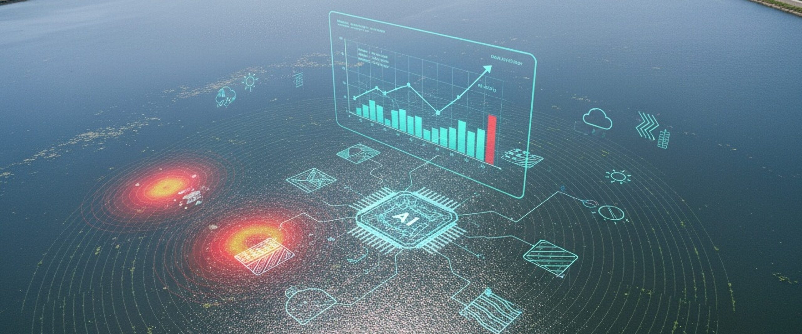 Holographic data dashboard with charts and graphs projecting from an AI chip above a blue sea surface.