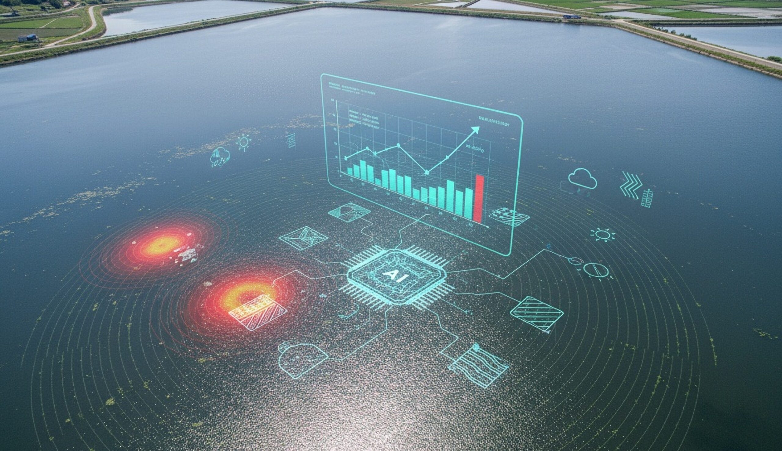 Aerial view of a large body of water with surrounding fields, over which a glowing holographic chart and icons appear, symbolizing data analytics and technology.