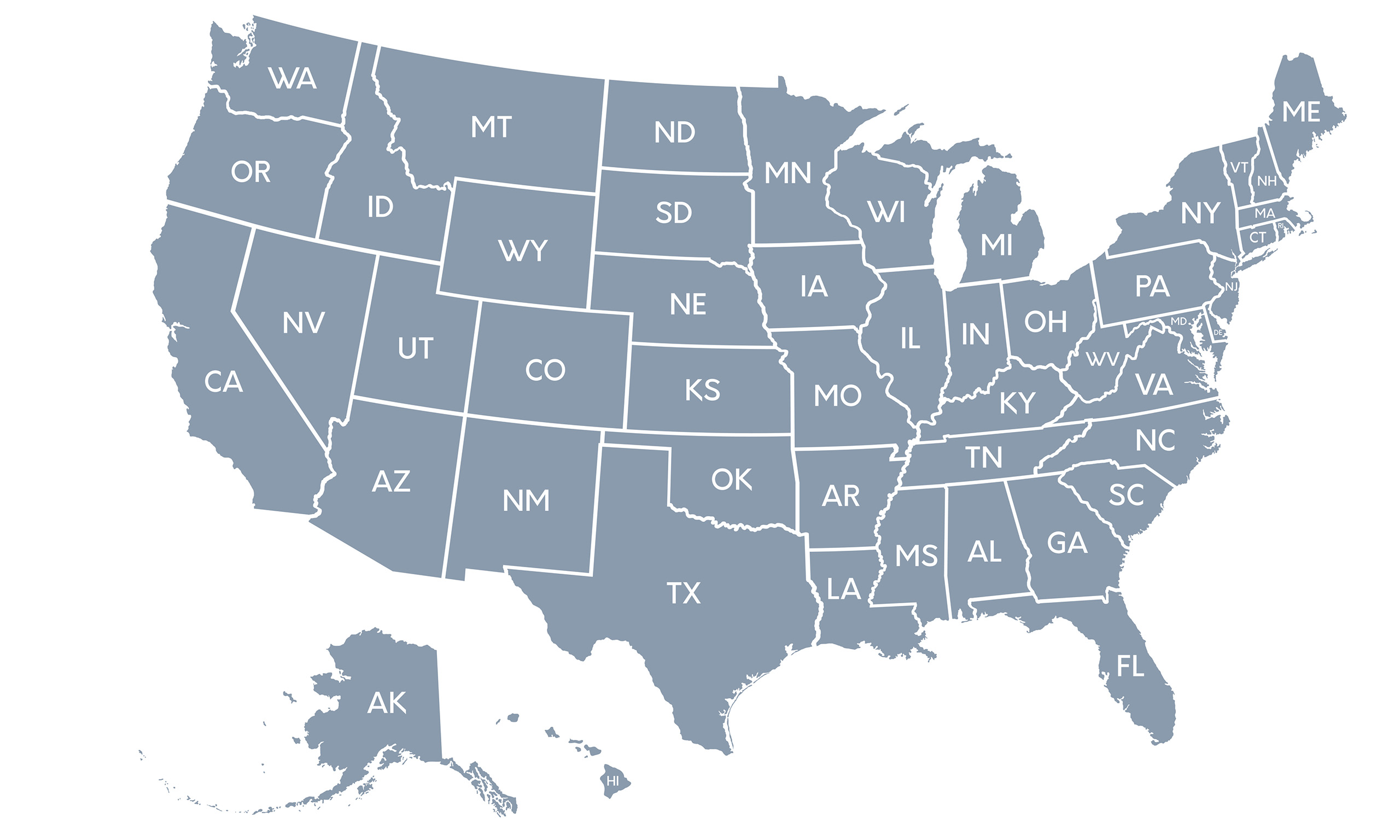 Map of US States representing Sagentia Regulatory's US state product renewals services