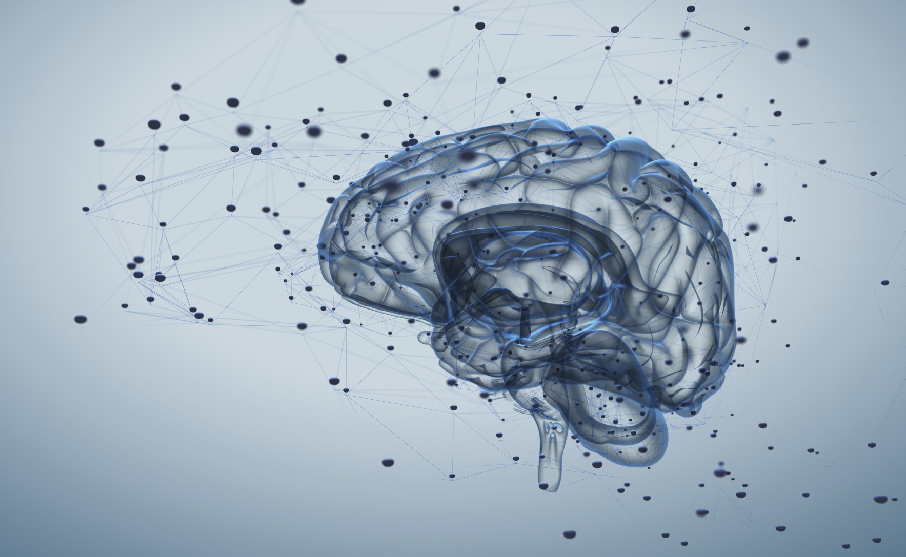 Blue translucent brain with interconnected nodes and lines representing neural networks in the background.