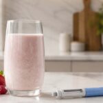 Pink smoothie in a tall glass on a white kitchen counter, with fresh berries (strawberries, blueberries, raspberries) beside it.