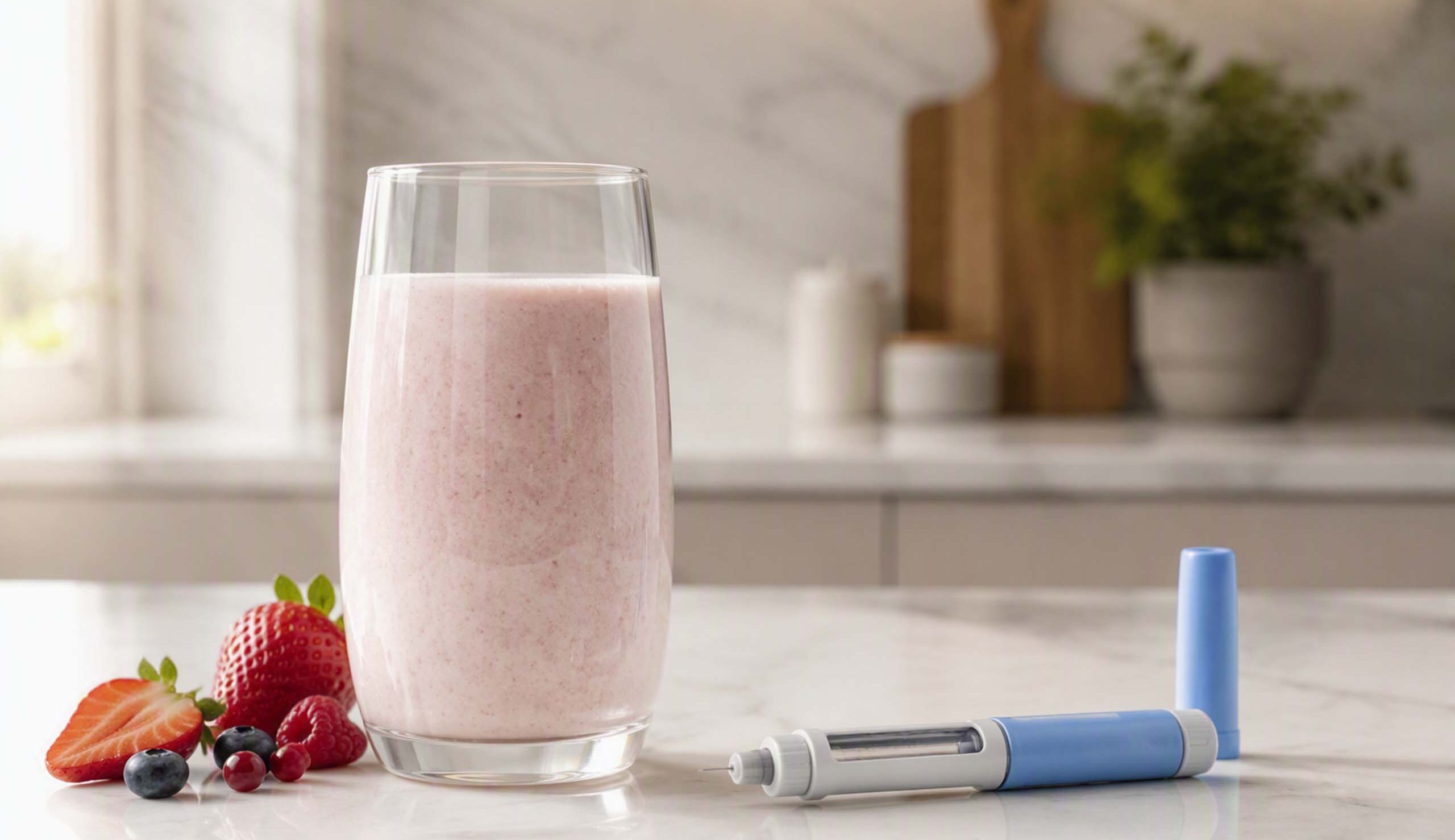 Pink smoothie in a tall glass on a white kitchen counter, with fresh berries (strawberries, blueberries, raspberries) beside it.