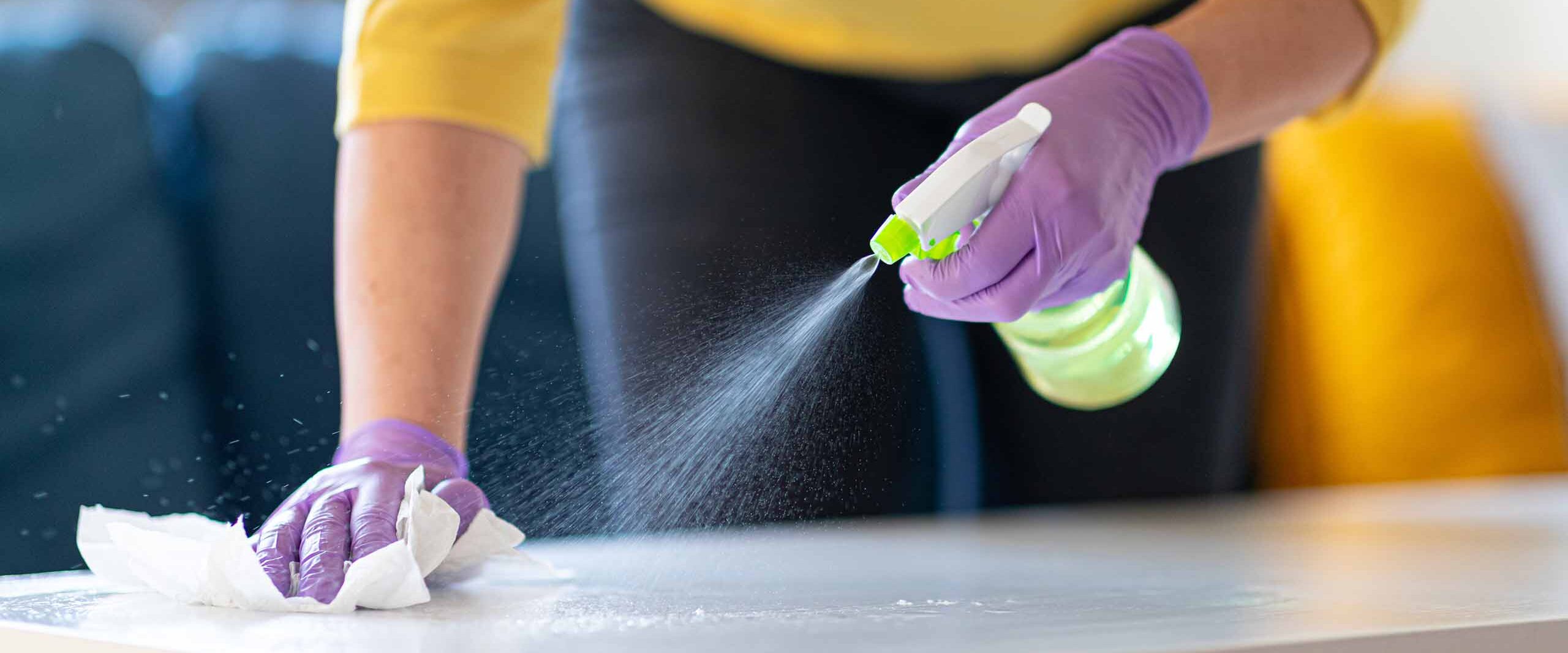 Person wearing purple gloves spraying cleaning solution onto a surface while wiping with a cloth/newspaper for cleaning